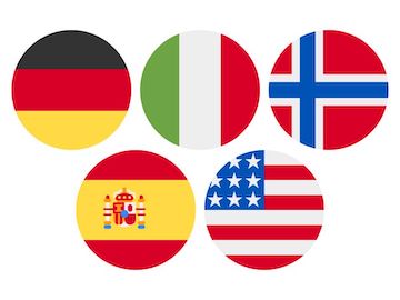 Flags of USA, Italy, Spain, Norway, and Germany